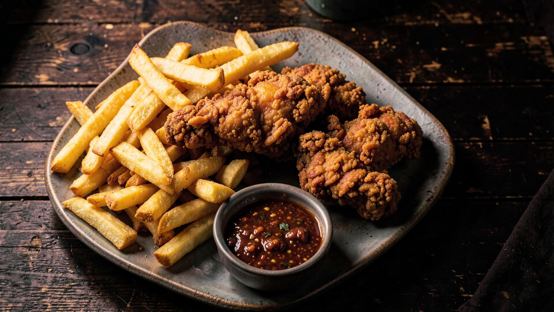Golden fried chicken with thick-cut fries and chilli sauce on a rustic wooden table
