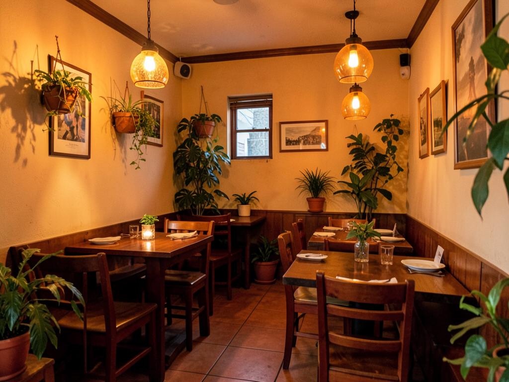 Warm, cozy dining room at Vivian's Kitchen with wooden tables, plants and amber pendant lights
